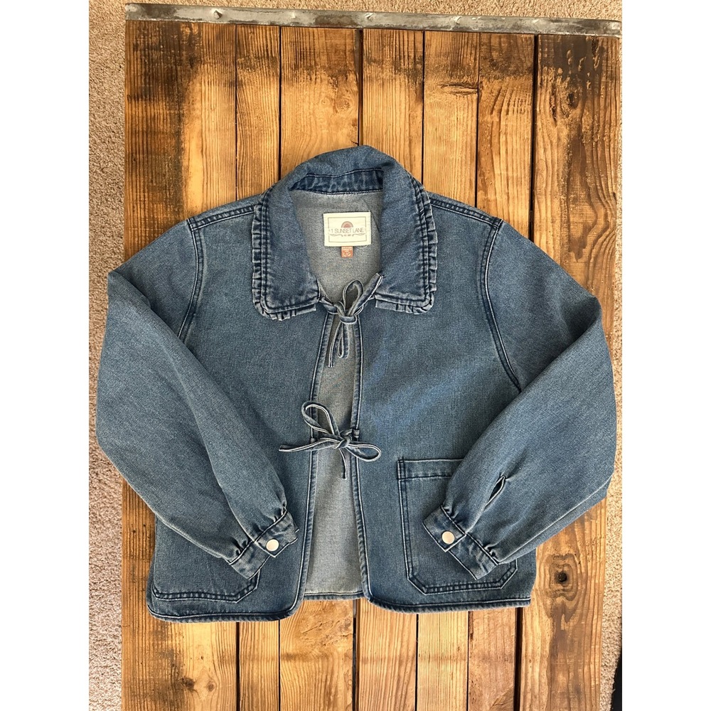 1 Sunset Lane Women Denim Jacket Medium Wash Tie Front Ruffle Collar Blue L